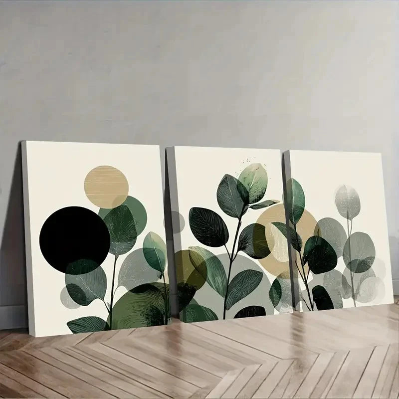 3pcs Green Leaves And Plants With Circles Wall Art Set Canvas Framed 40x60cm - High Quality Print 100% Australian Made Wall Canvas Ready to Hang