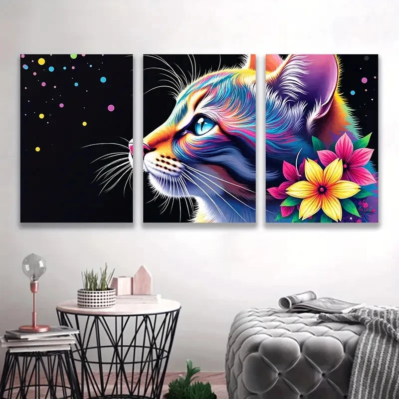 3pcs Colorful Cats I and Flowers Wall Art Set Canvas Framed 60x90cm - High Quality Print 100% Australian Made Wall Canvas Ready to Hang - Bella Home Decor