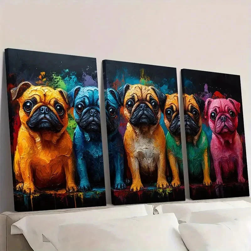 3pcs Colorful Pug Dog Faces Painting Wall Art Set Canvas Framed 40x60cm - High Quality Print 100% Australian Made Wall Canvas Ready to Hang - Bella Home Decor