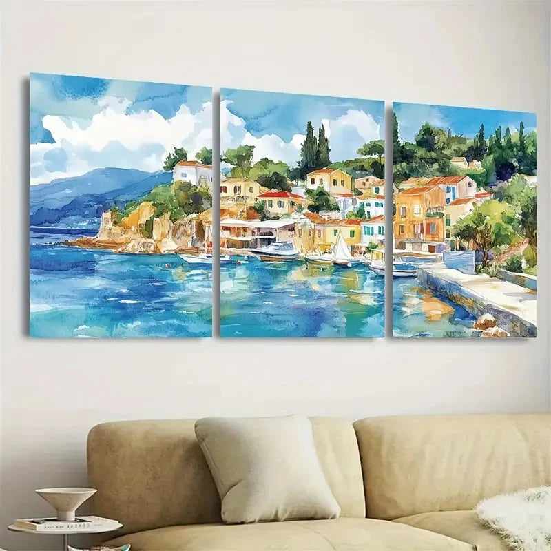 3pcs Greece Travel Greek Ionian Sea Coastal Wall Art Set Canvas Framed 50x70cm - High Quality Print 100% Australian Made Wall Canvas Ready to Hang - Bella Home Decor