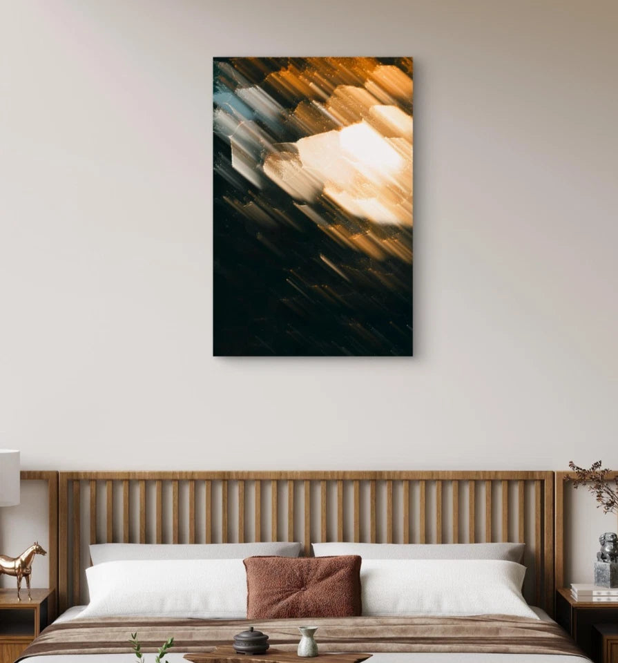 Golden Light Rays and Dark Textures Abstract 40x60cm Metal Print Ready to Hang