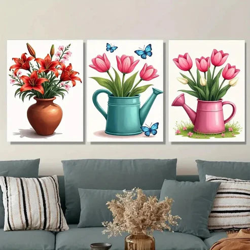 3pcs Vibrant Floral & Butterfly Red Lilies Wall Art Set Canvas Unframed - High Quality Print 100% Australian Made Wall Canvas