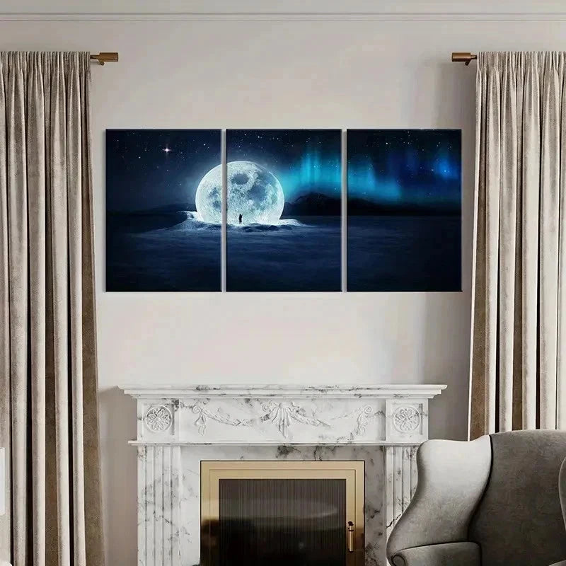 3pcs Aurora Snow Moon Falling On Snow Wall Art Set Canvas Framed 50x70cm - High Quality Print 100% Australian Made Wall Canvas Ready to Hang - Bella Home Decor
