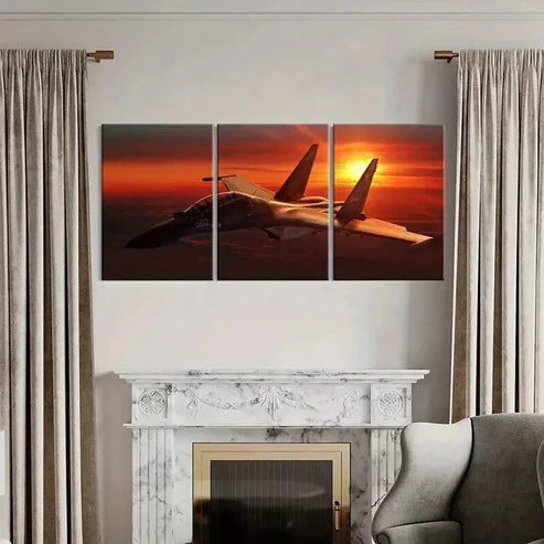 3pcs Fighter Jets & Bombers at Sunset Wall Art Canvas Unframed - High Quality Print 100% Australian Made Wall Canvas