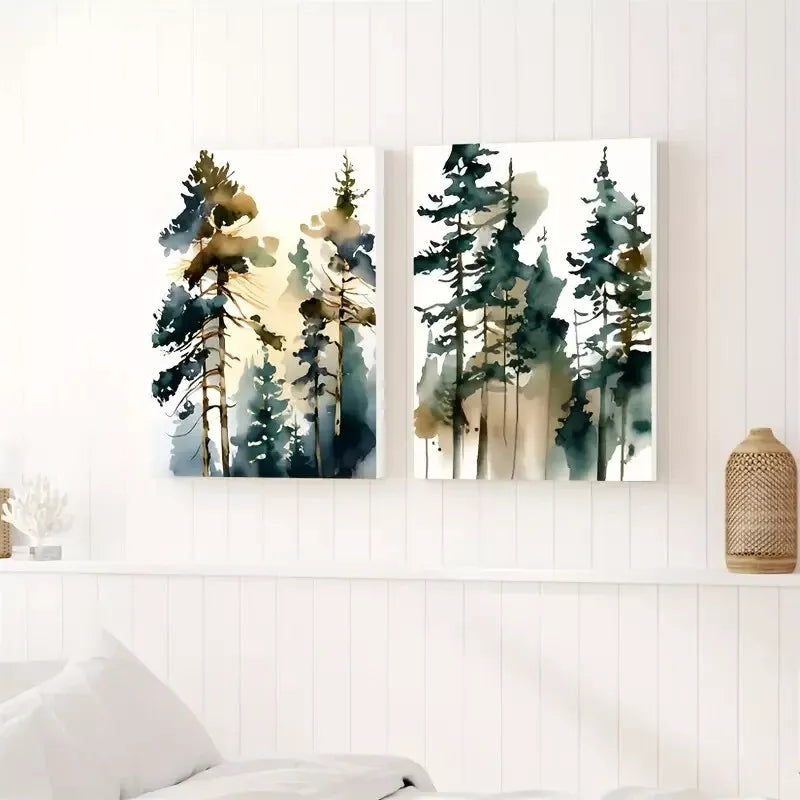 2pcs Pine Trees Misty Forest Oil Paintings Framed 50x75cm - High Quality Print 100% Australian Made Wall Canvas Ready to Hang - Bella Home Decor