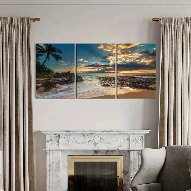 3pcs Sunrise Beach Seaside Natural Wall Art Set Canvas Framed 60x90cm - High Quality Print 100% Australian Made Wall Canvas Ready to Hang