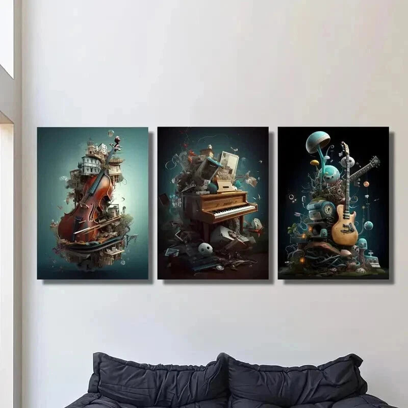 3pcs Violin Piano Guitar & Whimsical Objects Wall Art Set Canvas Framed 60x90cm - High Quality Print 100% Australian Made Wall Canvas Ready to Hang