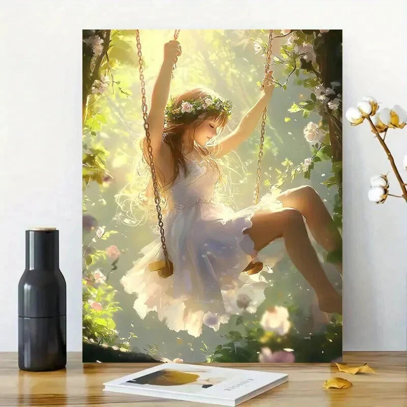 Elegant Girl in White Dress Garden Swing 40x60cm Metal Print Ready to Hang