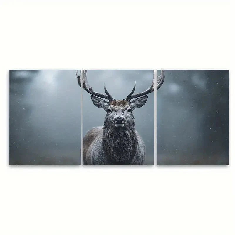 3pcs Misty Forest Stag Greyscale Wildlife FI Wall Art Set Canvas Framed 50x70cm - High Quality Print 100% Australian Made Wall Canvas Ready to Hang