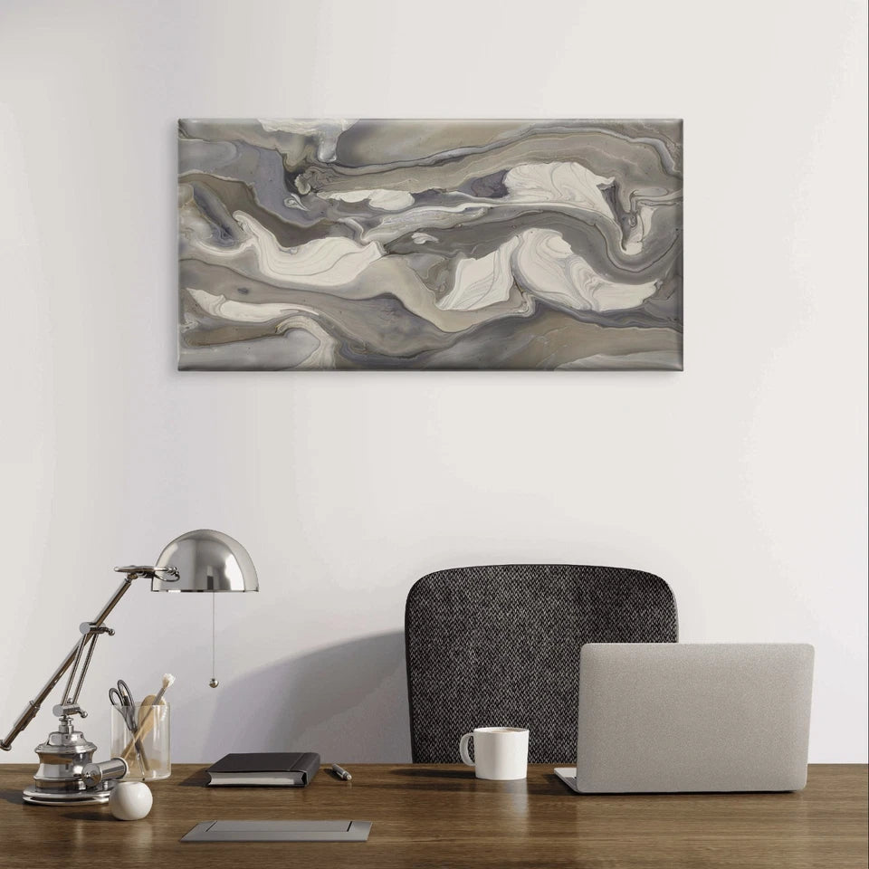 Neutral Grey Liquid Marble Swirl Wall Art Canvas Office Home Framed 120x60cm