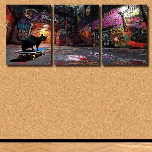 3pcs Black Cat & Colorful Skateboard Triptych Wall Art Canvas Unframed - High Quality Print 100% Australian Made Wall Canvas - Bella Home Decor