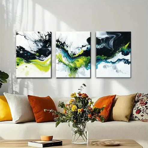 3pcs Abstract Fluid Black White Green Perfect Wall Art Canvas Unframed - High Quality Print 100% Australian Made Wall Canvas - Bella Home Decor