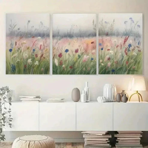 3pcs Wildflowers, Green Grass Wall Art Set Canvas Unframed - High Quality Print 100% Australian Made Wall Canvas