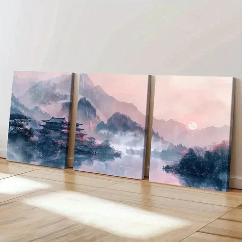 3pcs Chinese Traditional Architecture Landscape Wall Art Set Canvas Unframed - High Quality Print 100% Australian Made Wall Canvas - Bella Home Decor