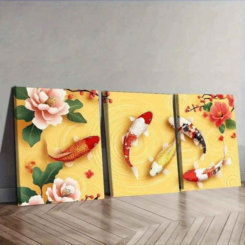 3pcs Koi Fishes in Floral Yellow Background Wall Art Set Canvas Framed 50x70cm - High Quality Print 100% Australian Made Wall Canvas Ready to Hang