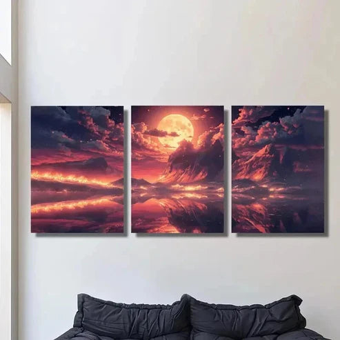 3pcs Dreamy Red Moon Sky Scenery Wall Art Set Canvas Unframed - High Quality Print 100% Australian Made Wall Canvas - Bella Home Decor
