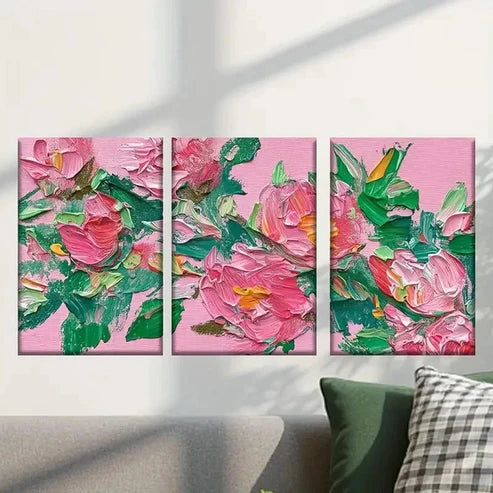 3pcs Vibrant Pink Flowers and Green Leaves Wall Art Canvas Unframed - High Quality Print 100% Australian Made Wall Canvas