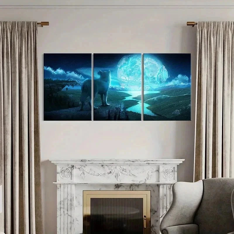 3pcs Plains Under Full Moon and Wolf Wall Art Set Canvas Framed 50x70cm - High Quality Print 100% Australian Made Wall Canvas Ready to Hang
