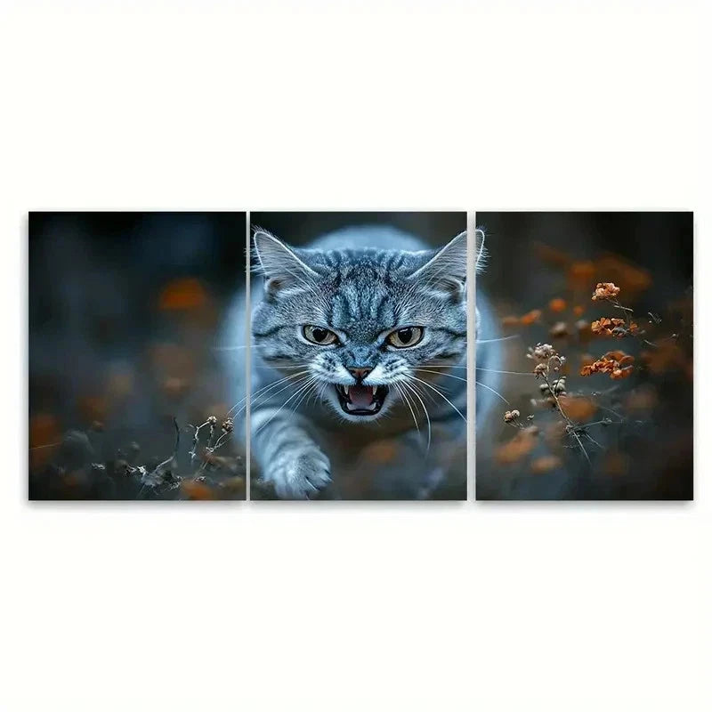 3pcs Feisty Silvery Grey Tabby Cat FT Wall Art Set Canvas Framed 60x90cm - High Quality Print 100% Australian Made Wall Canvas Ready to Hang