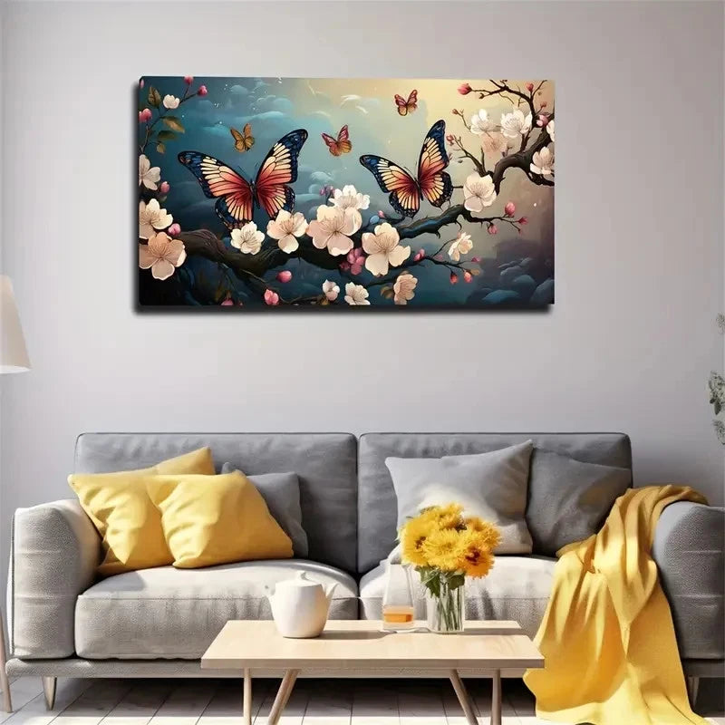 Vibrant Butterfly Cherry Decor Wall Art Canvas Office Home Room Framed 120x60cm