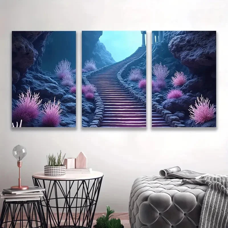 3pcs A Magical Journey Up The Glowing Stair Wall Art Set Canvas Framed 50x70cm - High Quality Print 100% Australian Made Wall Canvas Ready to Hang - Bella Home Decor