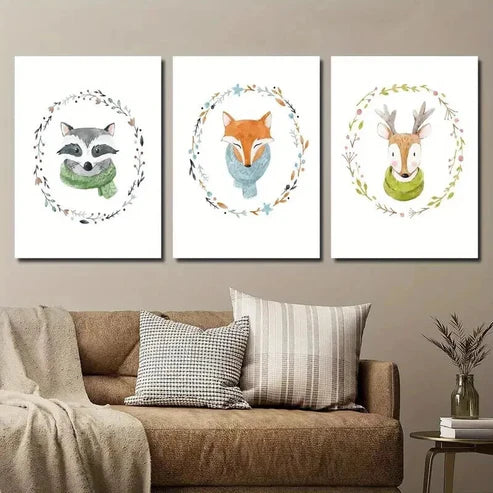 3pcs Cartoon Flower Crown Fox Deer Raccoon Wall Art Canvas Unframed - High Quality Print 100% Australian Made Wall Canvas - Bella Home Decor