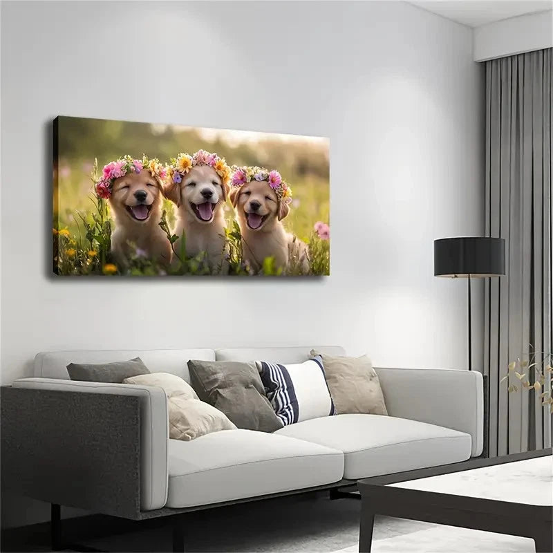 Golden Retriever Puppies Flcower Wall Art Canvas Office Home Room Framed 120x60cm