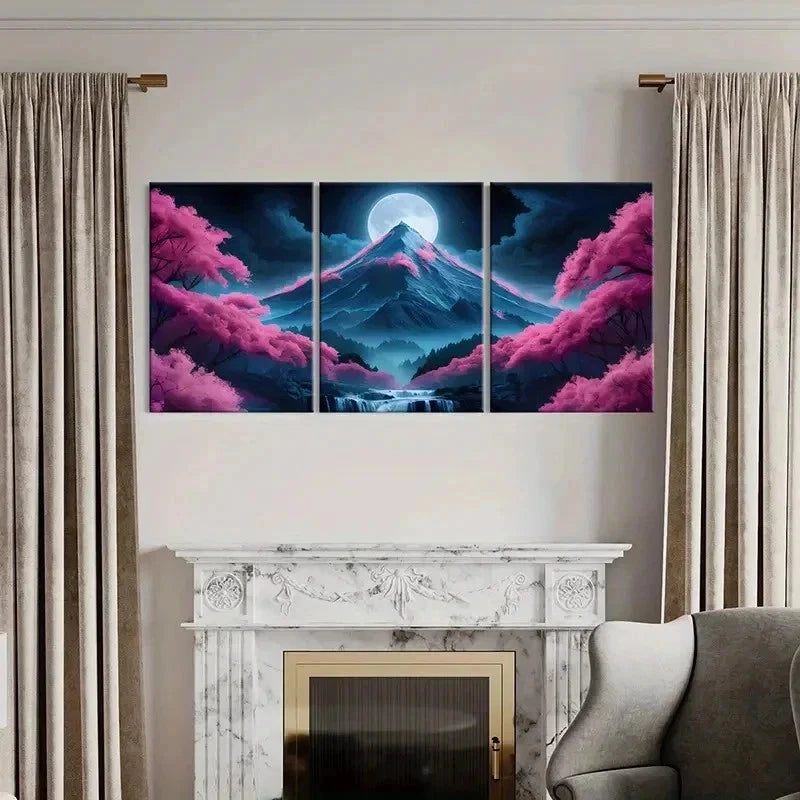 3pcs Mountain Under Full Moon Cherry Blossom Wall Art Set Canvas Framed 50x70cm - High Quality Print 100% Australian Made Wall Canvas Ready to Hang