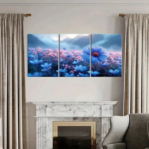 3pcs Blue Pink & Purple Wildflower Field Wall Art Canvas Unframed - High Quality Print 100% Australian Made Wall Canvas - Bella Home Decor