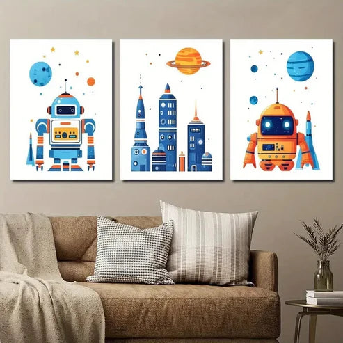3pcs Cartoon Space Theme Wall Art Set Canvas Unframed - High Quality Print 100% Australian Made Wall Canvas - Bella Home Decor