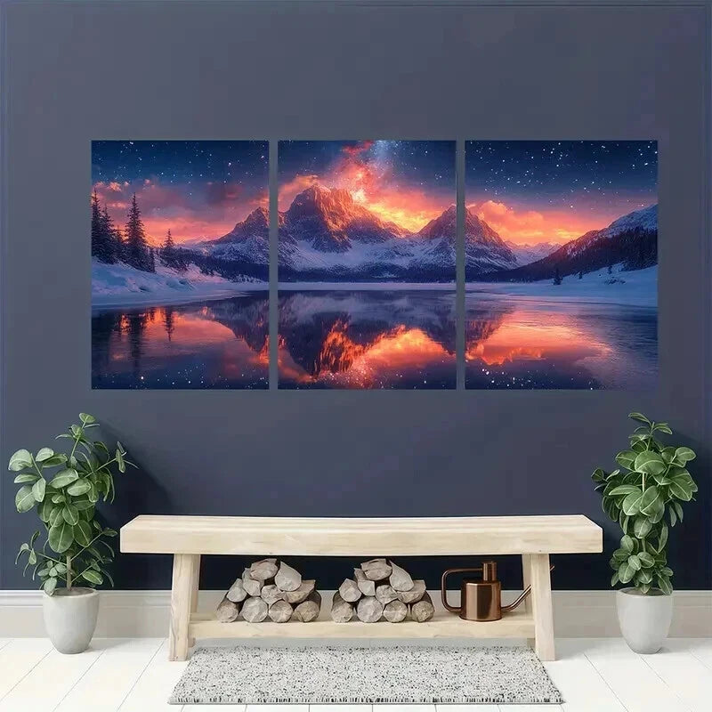 3pcs Starry Sky Above The Snow covered Mountains Wall Art Set Canvas Framed 40x60cm - High Quality Print 100% Australian Made Wall Canvas Ready to Hang - Bella Home Decor