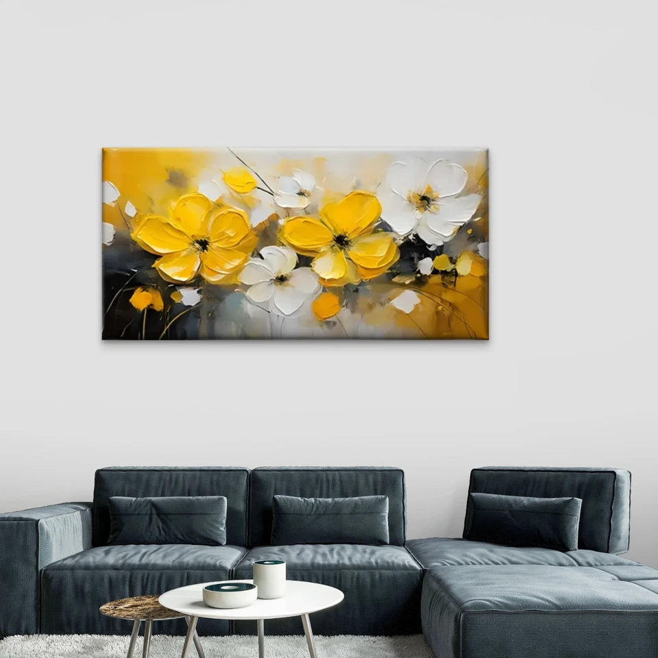 Yellow Flower Abstract Perfect Wall Art Canvas Office Home Room Framed 120x60cm