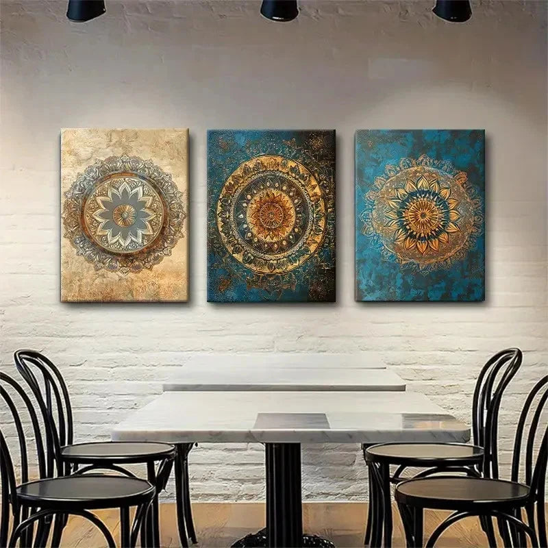 3pcs Vintage Golden and Teal Bohemian Wall Art Set Canvas Framed 40x60cm - High Quality Print 100% Australian Made Wall Canvas Ready to Hang - Bella Home Decor