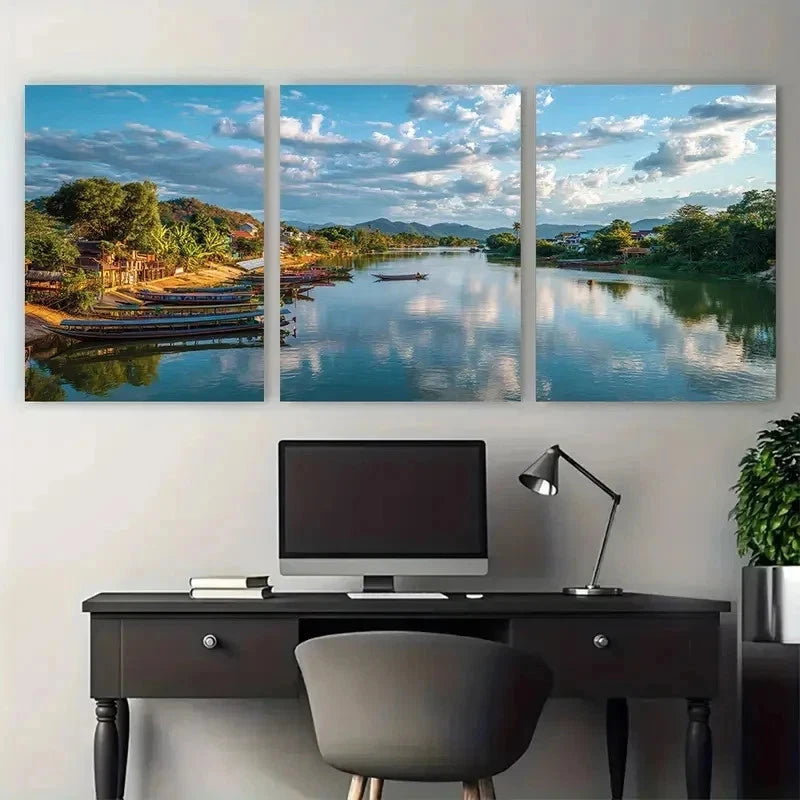 3pcs Thai Village Scenery Traditional Perfect Wall Art Set Canvas Framed 50x70cm - High Quality Print 100% Australian Made Wall Canvas Ready to Hang