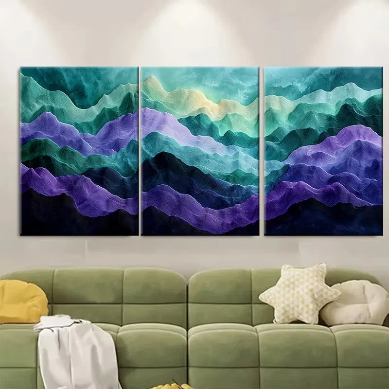 3pcs Mint Green Purple Layered Abstract Metal Print Ready to Hang Art