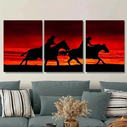 3pcs Silhouette Cowboy Horse Riding Sunset Wall Art Canvas Unframed - High Quality Print 100% Australian Made Wall Canvas