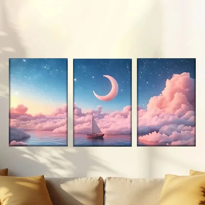 3pcs Serene Ocean Scene with Sailboat Crescent Wall Art Set Canvas Framed 40x60cm - High Quality Print 100% Australian Made Wall Canvas Ready to Hang