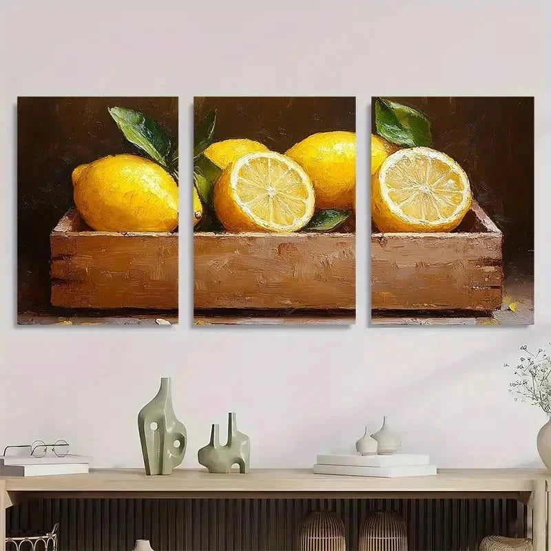 3pcs Lemon Fruits Artwork Neutral Perfect Wall Art Set Canvas Framed 60x90cm - High Quality Print 100% Australian Made Wall Canvas Ready to Hang