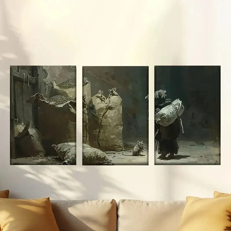 3pcs Rats in the Rice Barn, Detailed Realism 40x60cm - High Quality Print 100% Australian Made Wall Canvas Ready to Hang