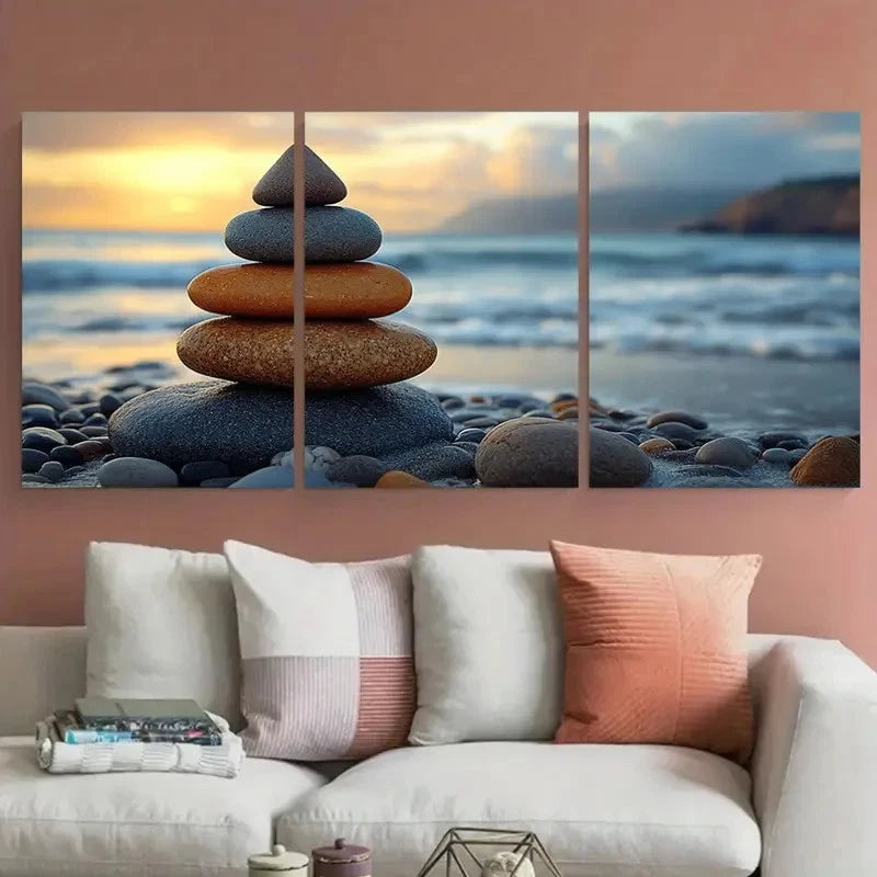 3pcs Zen Seascape Balanced Pebble Perfect Wall Art Set Canvas Framed 40x60cm - High Quality Print 100% Australian Made Wall Canvas Ready to Hang