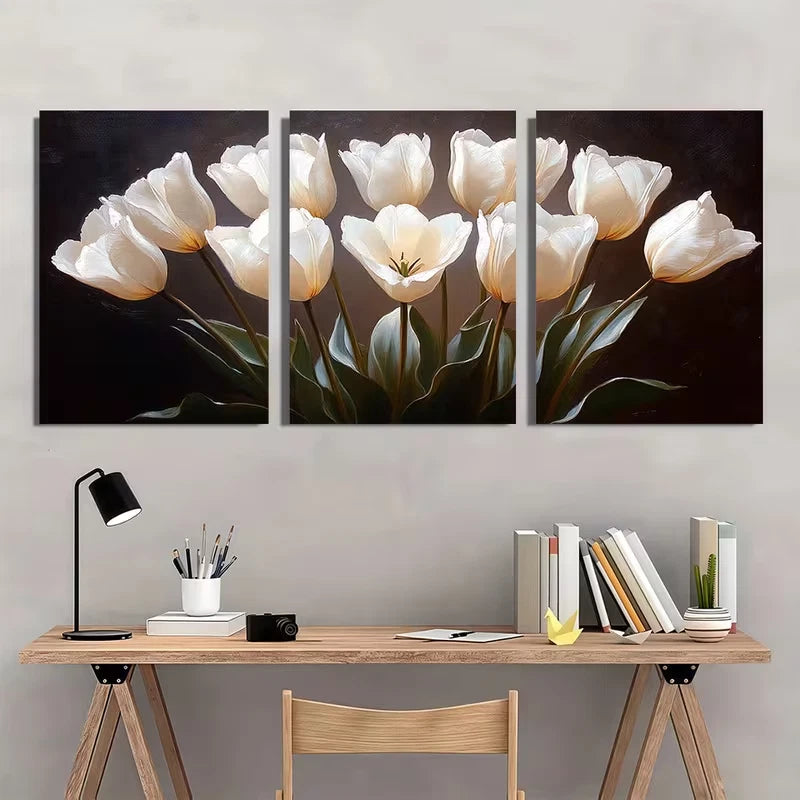 3pcs White Tulips with Black Oil Painting Wall Art Set Canvas Framed 40x60cm - High Quality Print 100% Australian Made Wall Canvas Ready to Hang