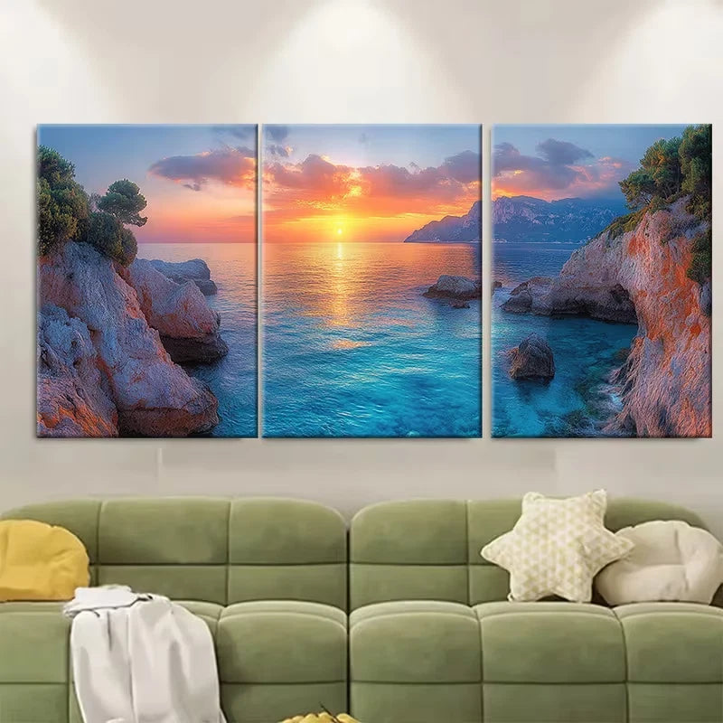 3pcs Spring Sunrise Over Milazzo Cape Wall Art Set Canvas Framed 60x90cm - High Quality Print 100% Australian Made Wall Canvas Ready to Hang