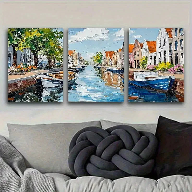 3pcs Colorful European Town by Canal Wall Art Set Canvas Framed 40x60cm - High Quality Print 100% Australian Made Wall Canvas Ready to Hang - Bella Home Decor