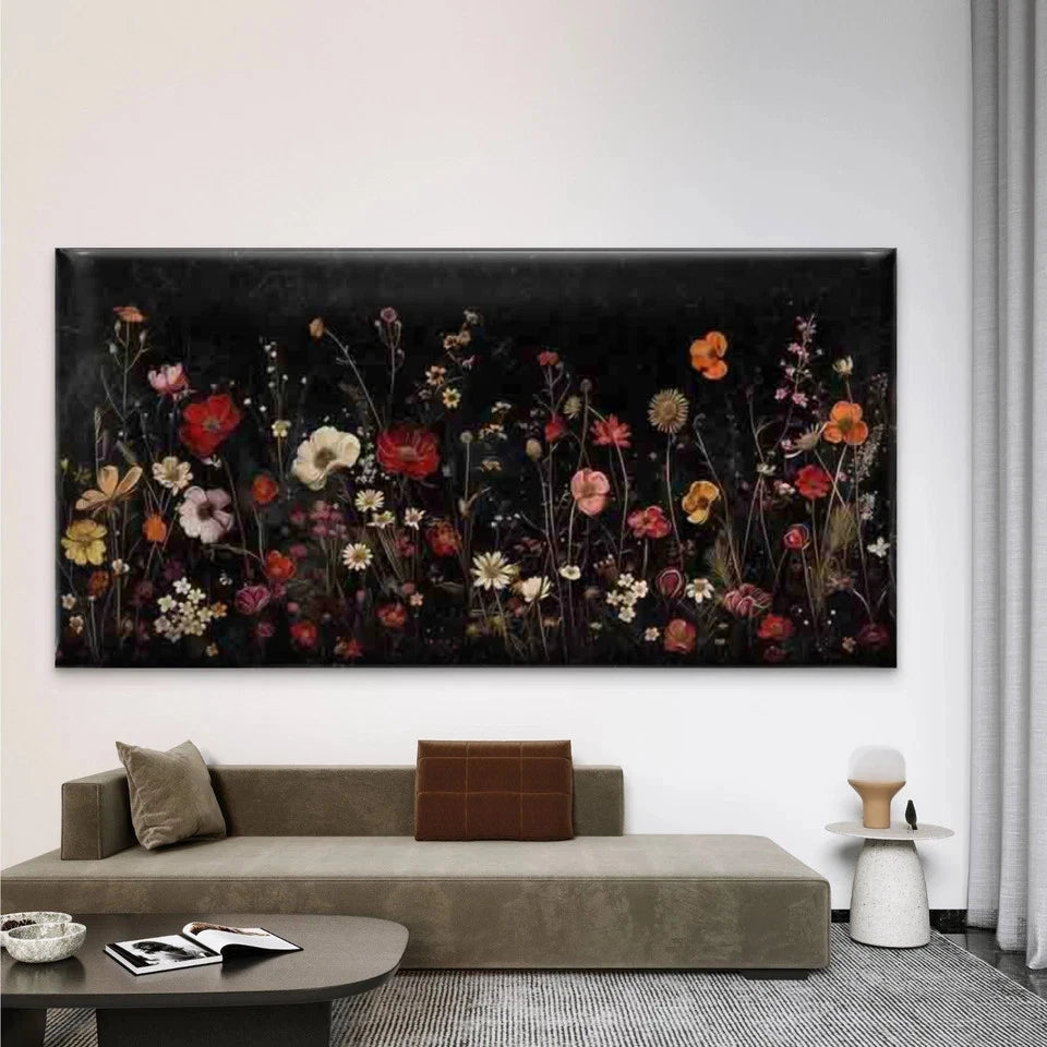 Modern Wildflowers on Black Wall Art Canvas Office Home Room Framed 120x60cm