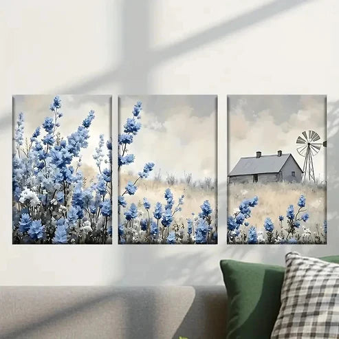 3pcs Farmhouse with Vibrant Blue Flowers Wall Art Canvas Unframed - High Quality Print 100% Australian Made Wall Canvas
