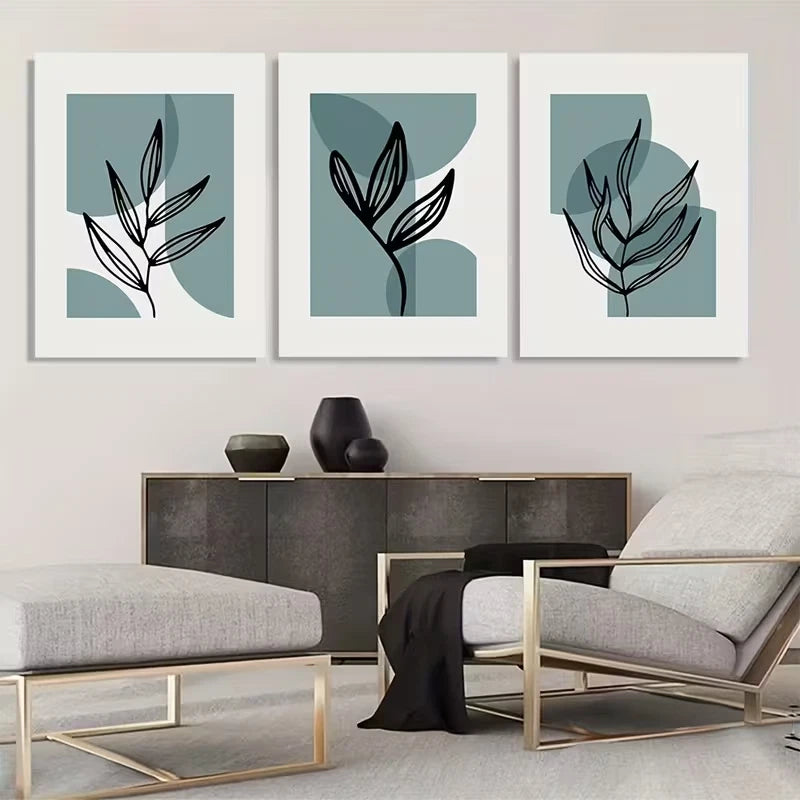 3pcs Leaf Plant Line Blue and Gray Wall Art Set Canvas Framed 60x90cm - High Quality Print 100% Australian Made Wall Canvas Ready to Hang