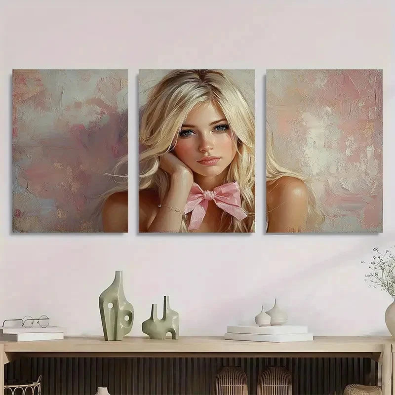 3pcs Blonde Girl Coquette Pink Bow Perfect Wall Art Set Canvas Framed 40x60cm - High Quality Print 100% Australian Made Wall Canvas Ready to Hang - Bella Home Decor