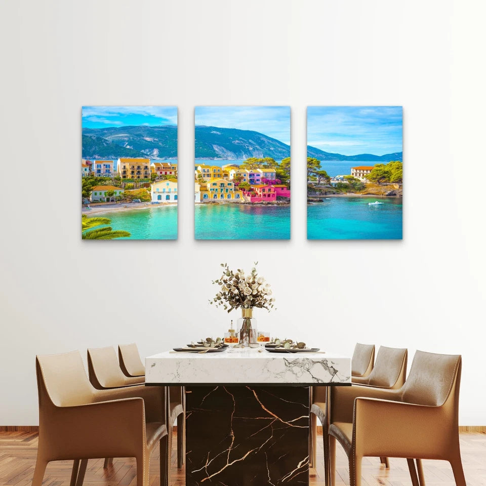 3pcs Colorful Assos Village on Kefalonia Wall Art Set Canvas Framed 40x60cm - High Quality Print 100% Australian Made Wall Canvas Ready to Hang - Bella Home Decor