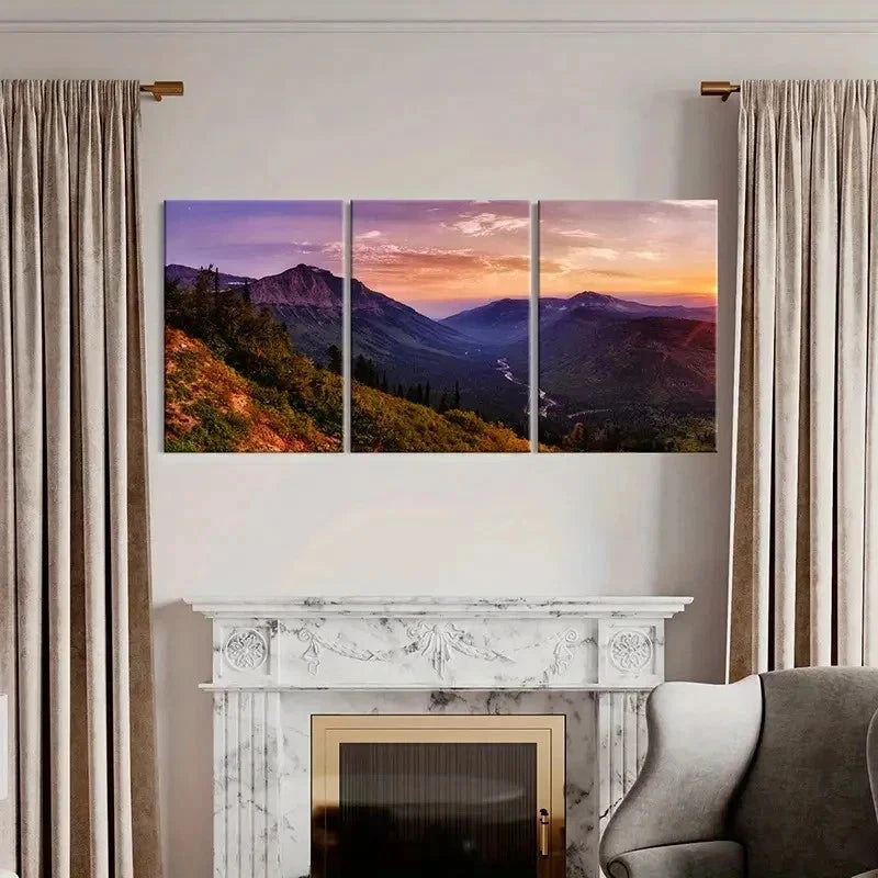 3pcs Valley Mountains and Sunset Modern Wall Art Set Canvas Framed 60x90cm - High Quality Print 100% Australian Made Wall Canvas Ready to Hang