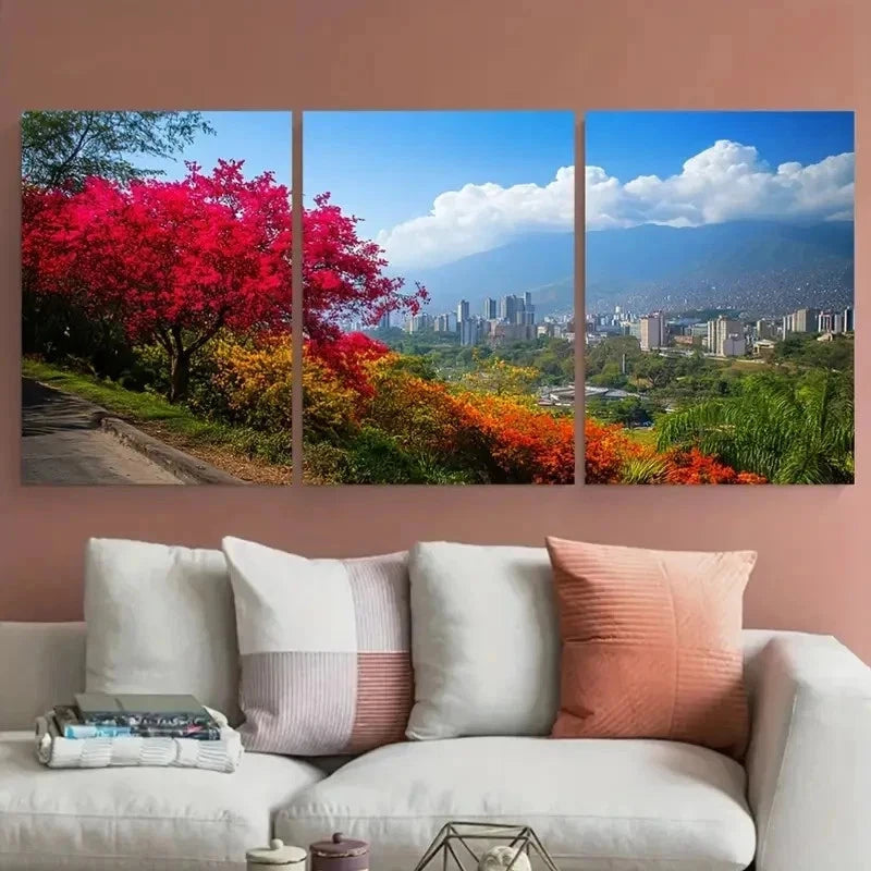 3pcs Vibrant Tropical Cityscape Lush Perfect Wall Art Set Canvas Framed 60x90cm - High Quality Print 100% Australian Made Wall Canvas Ready to Hang